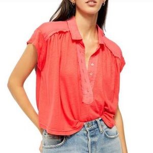 Free People Coral Red Short Sleeve Henley Tee